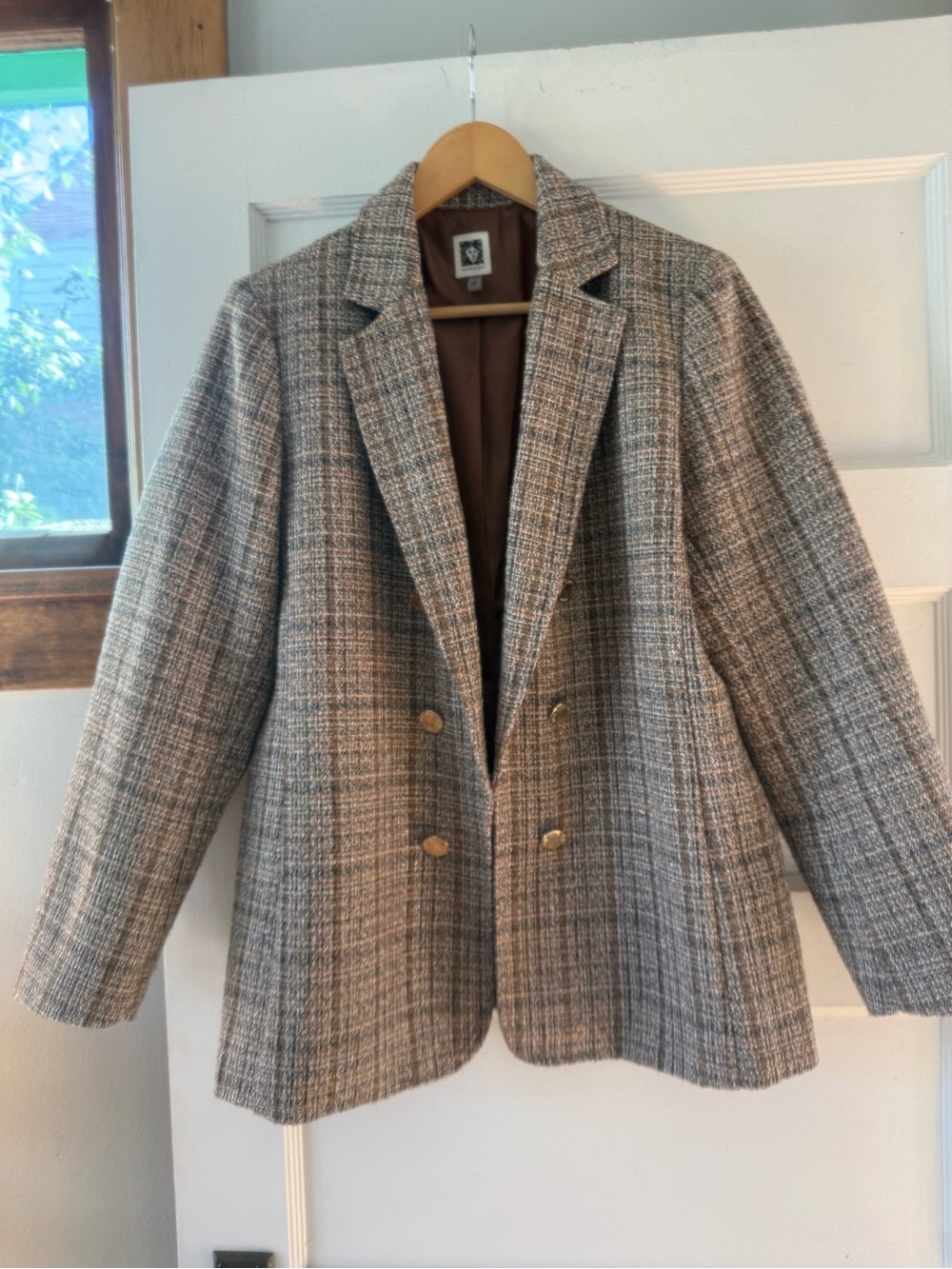 Anne Klein Double-Breasted Plaid Blazer - Brown & Gray